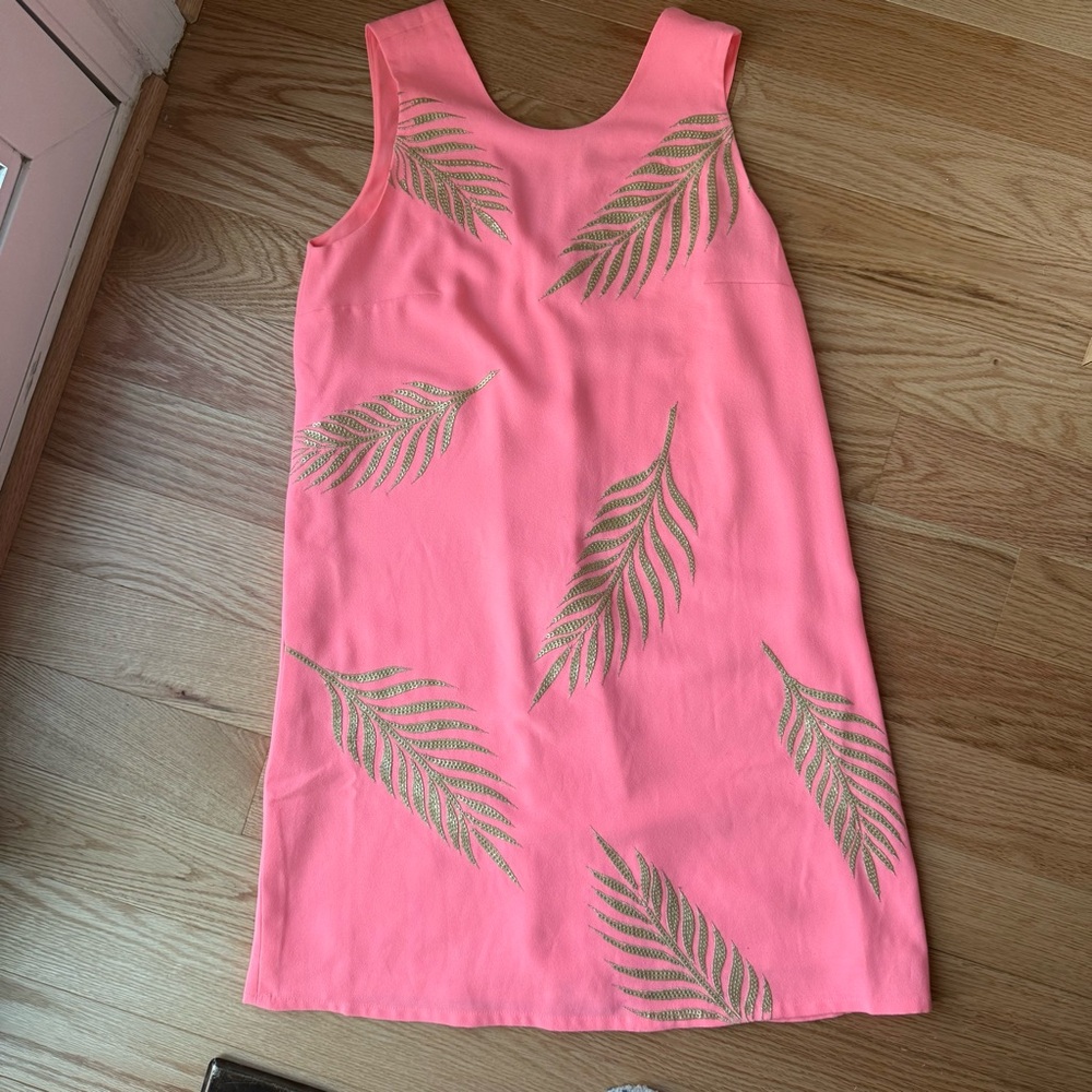 Lilly Pulitzer Coral Pink Gold Palm Leaf Shift Dress- Size XS - Picture 5 of 7